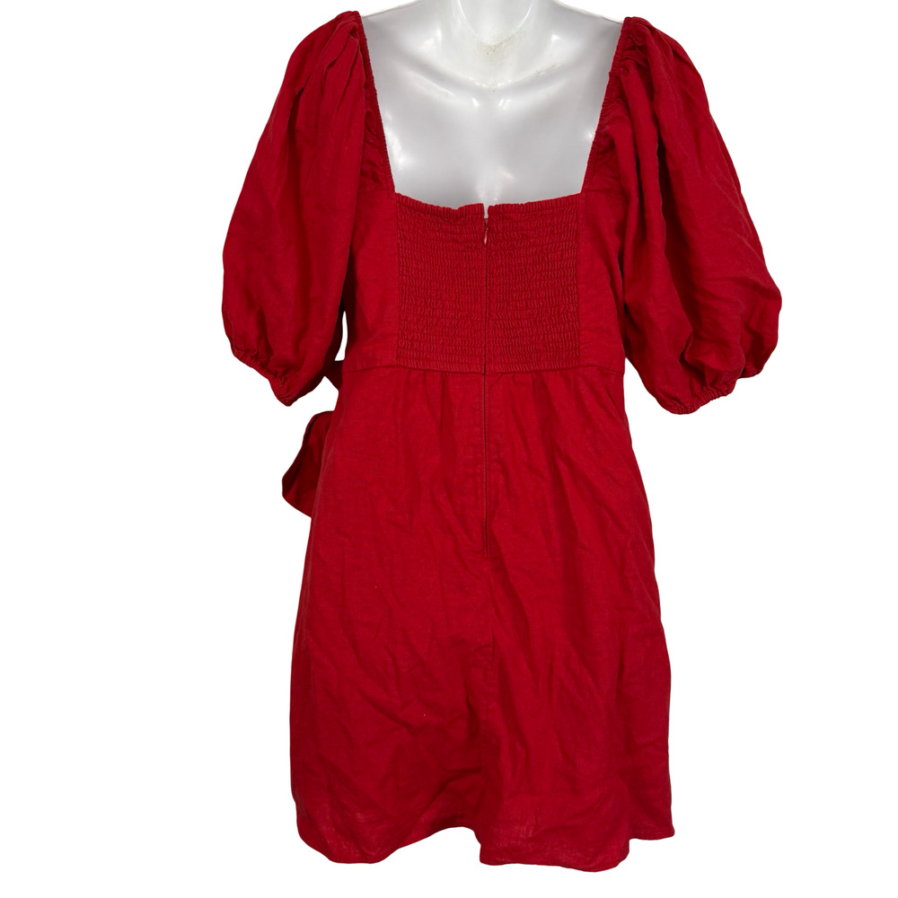 Abercrombie & Fitch Red Linen Puff Sleeve Wrap Smocked Mini Dress NWT sz L Tall - Picture 13 of 16